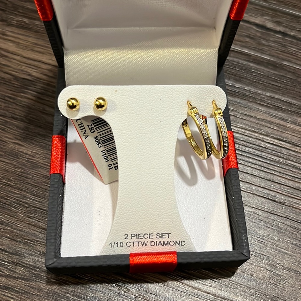 2 Pair Earring Set White Diamond 14K Gold Over Silver Sterling Silver